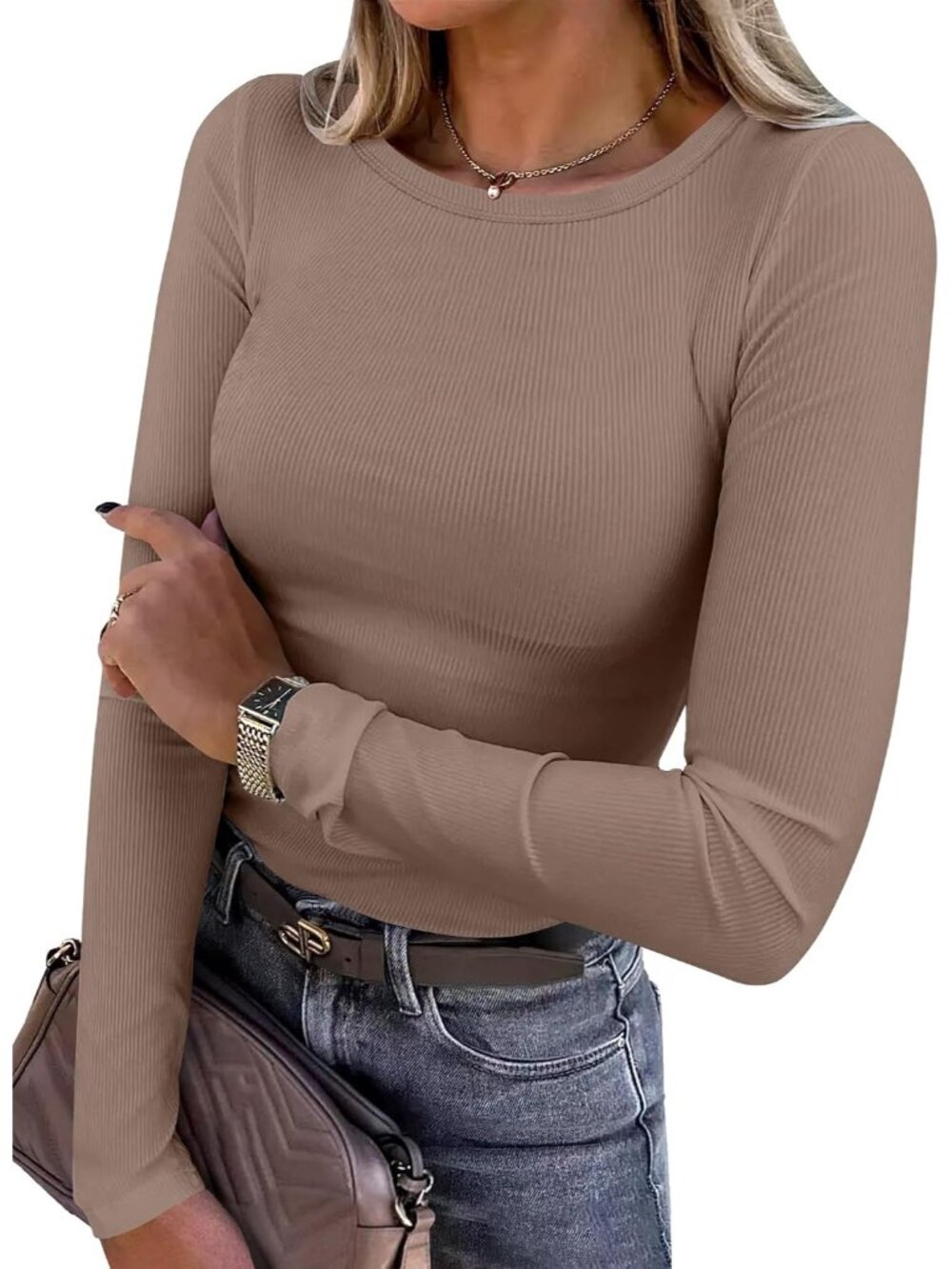 Stylish Women's Light Khaki Ribbed Long Sleeve Tee - Perfect for Layering